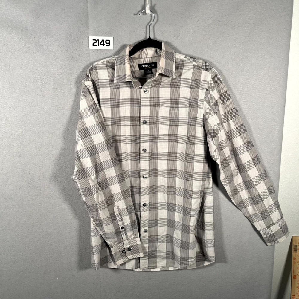 Claiborne Easy Care Shirt Mens Small Gray White Plaid Cotton Casual Button Up